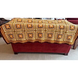 Vtg Granny Square Afghan Crochet Throw Blanket 54"X64" Orange Brown Yellow Cabin